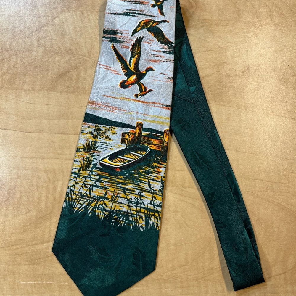 VTG Men's Bird Duck Lake Boat Nature Novelty Print Necktie Bird Life